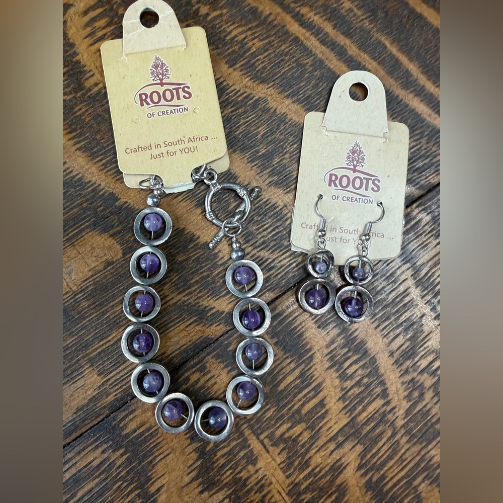 ROOTS Purple Amethyst-Style Bead Bracelet and Dangle Earrings Set